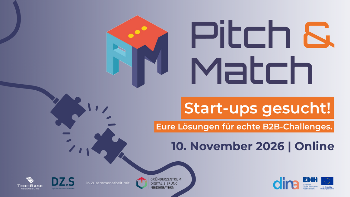 Pitch & Match 2026: Start-ups gesucht! Eure Lösungen für echte B2B-Challenges. Am 10.11.26 online.