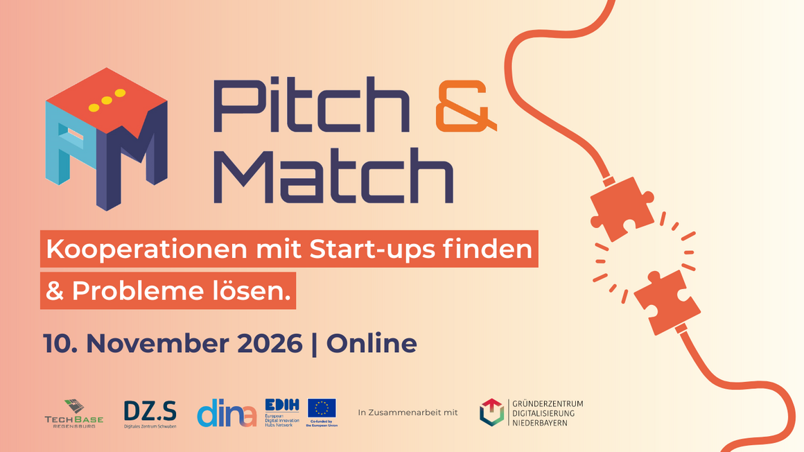 Pitch & Match: Kooperationen mit Start-ups finden und Probleme lösen. Am 10. November 2026 online.